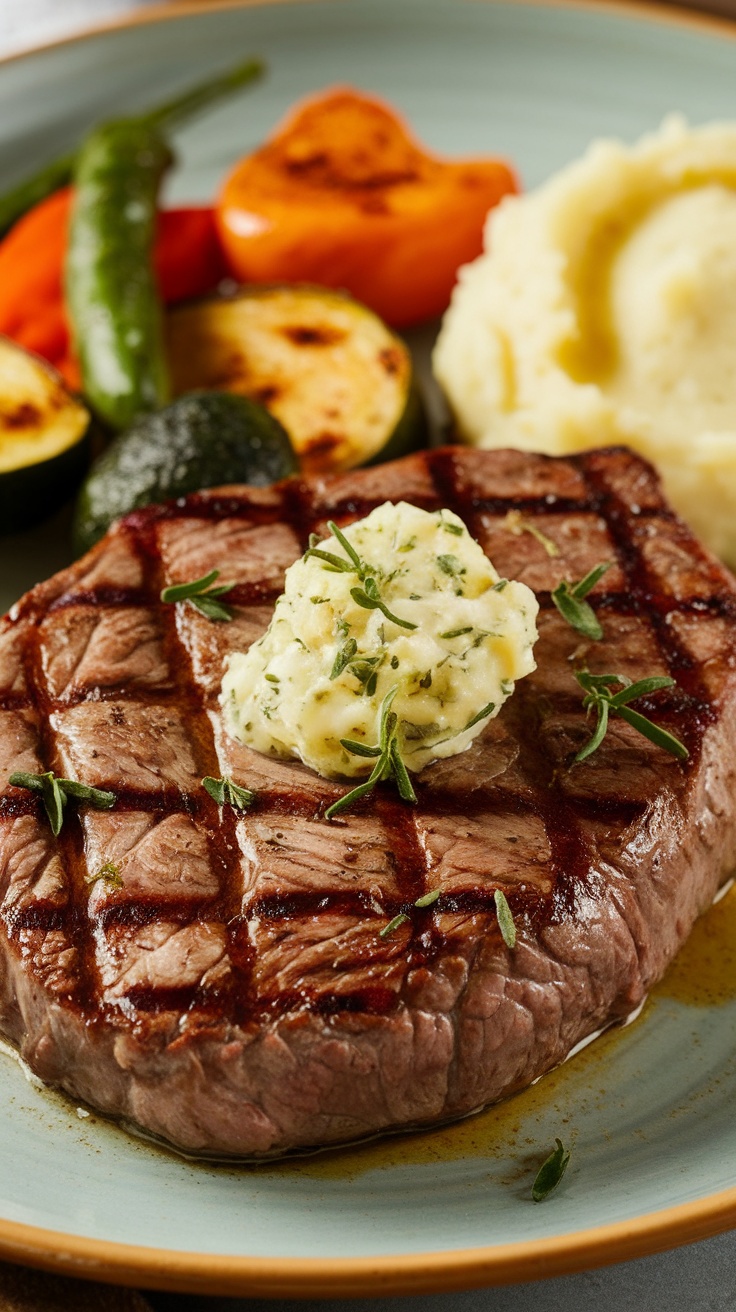 A cooked sirloin steak with garlic herb butter on a plate, garnished with herbs and served with vegetables.